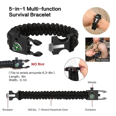 5 in 1 MultI-function Paracord Survival Bracelet Flint Steel Fire Starter Kit Whistle Compass